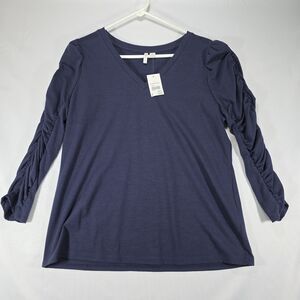 NWT Cato Womens M Navy Blue Ruched Sleeve V-Neck Long Sleeve Knit Top Shirt